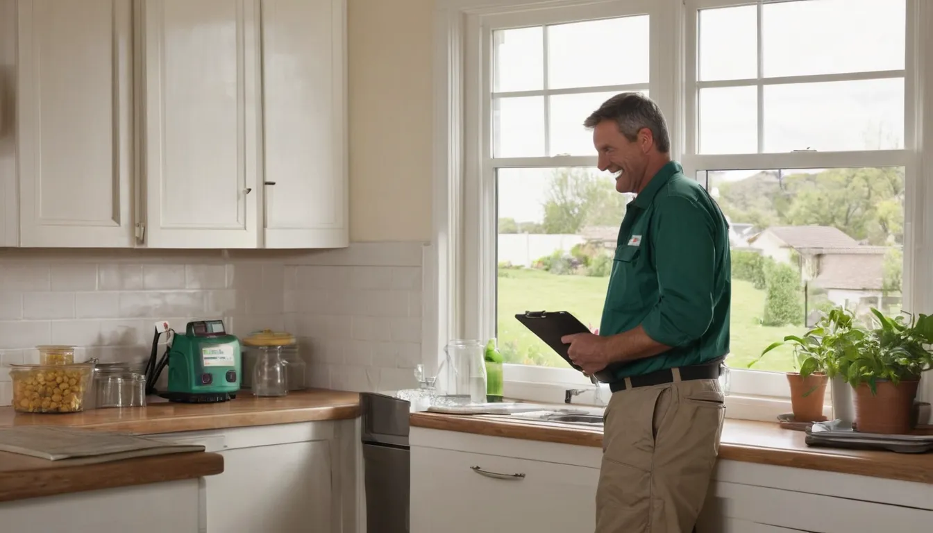 A friendly pest control provider talking with a homeowner in a bright kitchen near Aurora