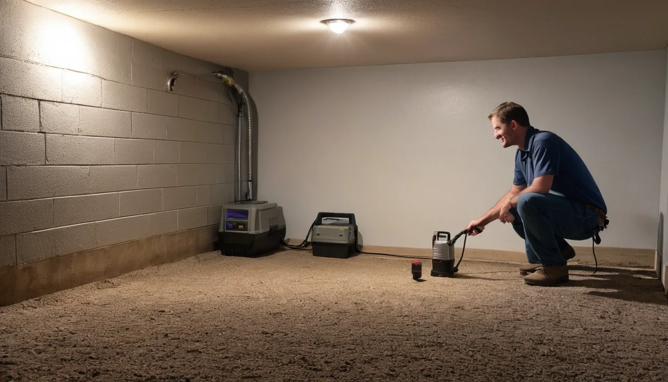A provider inspecting a basement foundation near a sump pump in a home around Aurora